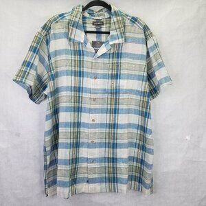 Eddie Bauer Camp Shirt Men's XXL Plaid Short Sleeve Button Up Blue Linen Cotton